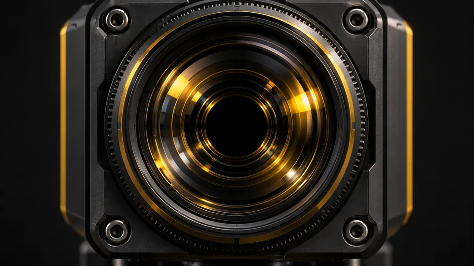 An industrial AI camera, its lens ringed in gold, in a dark graphite housing