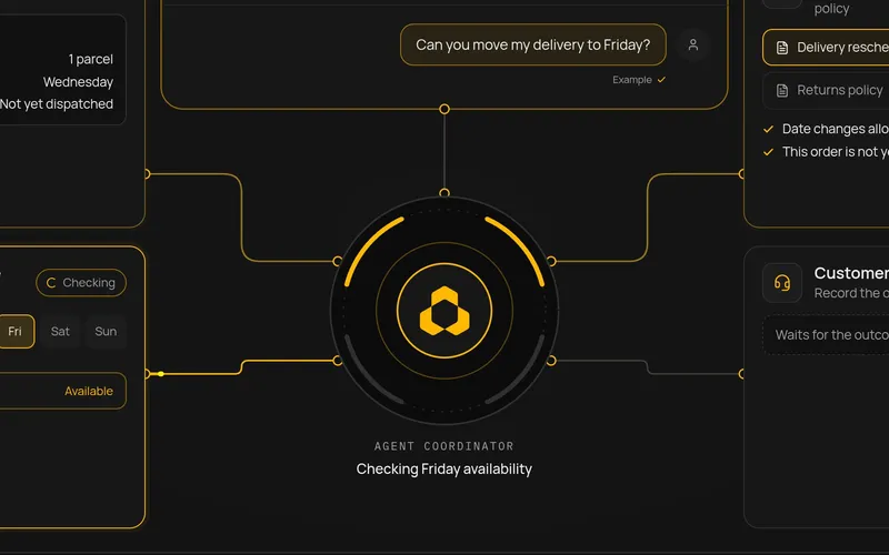An agent coordinator at the centre of a dark workspace, linked by gold paths to its tools