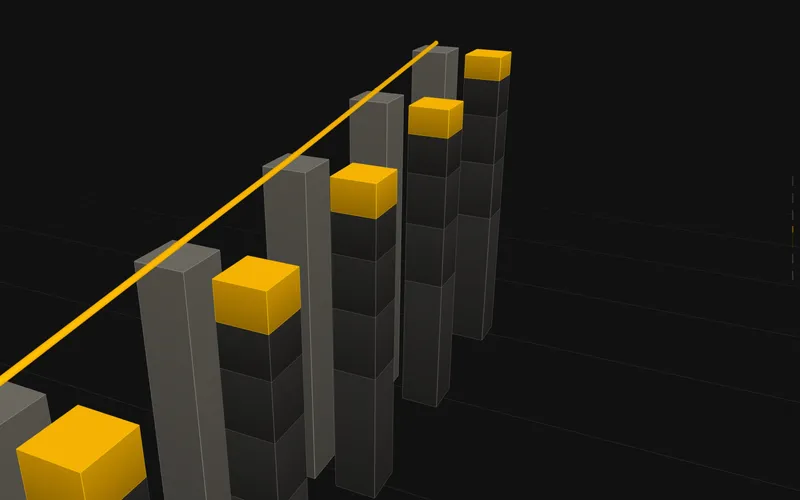 A rising gold line graph running over three-dimensional revenue and cost bars