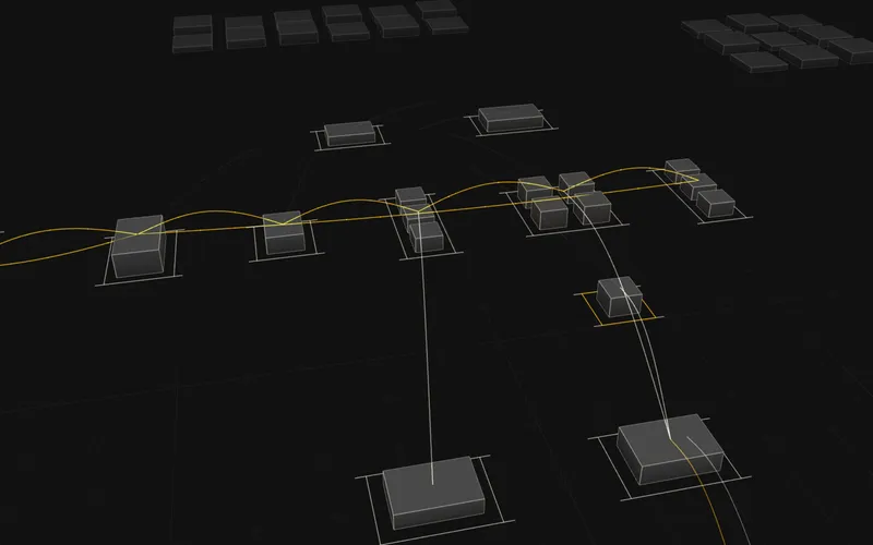 Graphite service nodes across a vast infrastructure, joined by a gold request path